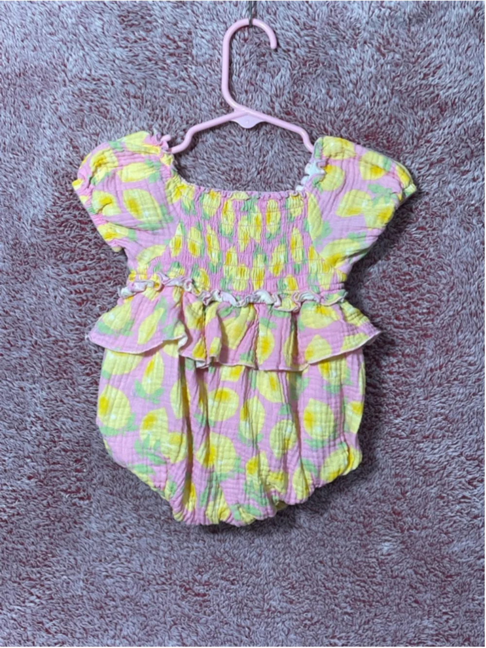 Baby Essentials 9 months pink lemonade ruffle bubble romper